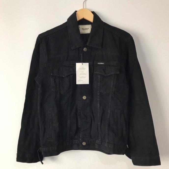 JAKET JEANS PRIA PULL&BEAR FULL BLACK JACKET DENIM PULL AND BEAR HITAM