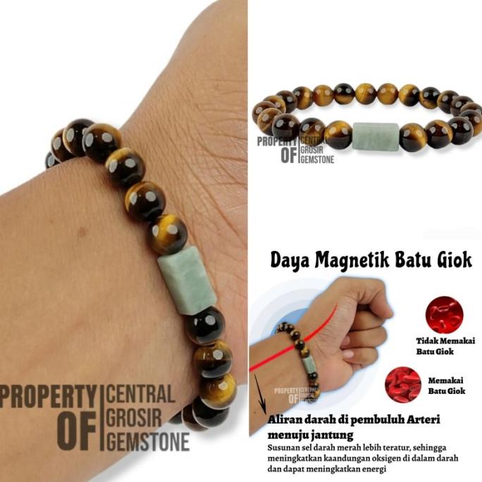 Gelang Tiger Eye Kombinasi Batu Giok Burma Green Jadeite Jade Asli Ori
