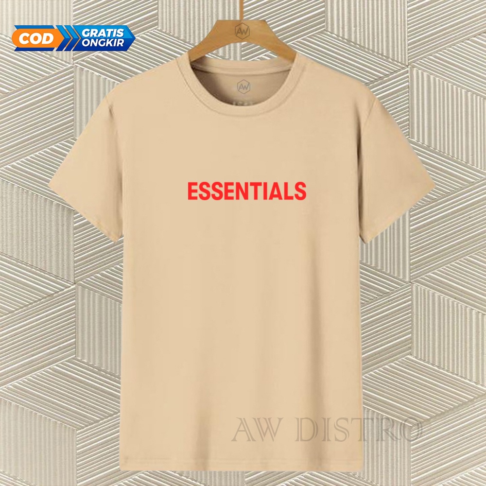 COD Baju Kaos Distro ESSENTIALS Teks Merah Premium Quality Lengan Pendek