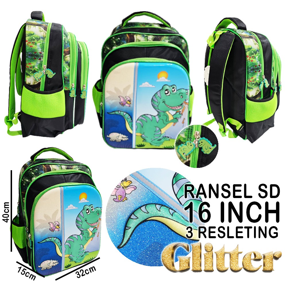 PROMO 10.10 TAS RANSEL ANAK LAKI LAKI SEKOLAH SD GAMBAR KARTUN DINO DINOSOURUS GLOSSY TIMBUL 3Resleting IMPORT ( ODET DINO MITE 16inchi UKURAN BESAR )