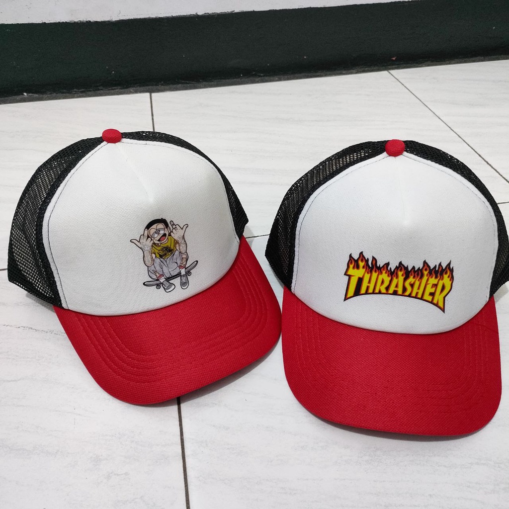 Topi Jaring Distro warna kombinasi hitam,putih,merah