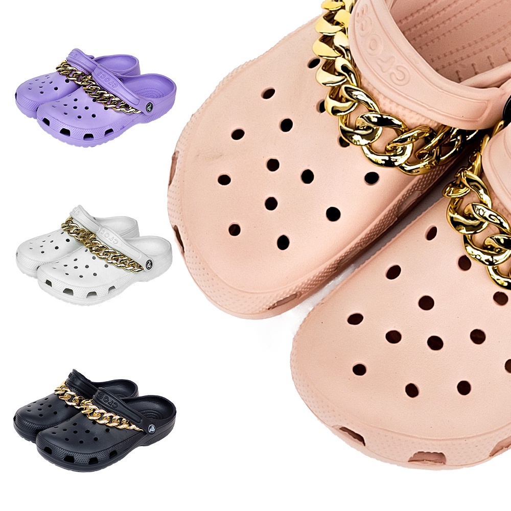 Winn - Classic Clog With Gold Chain Sandal Terbaru Wanita Rantai Slop Baim Karet Sendal Korea Import Kekinian 361 not Crocs