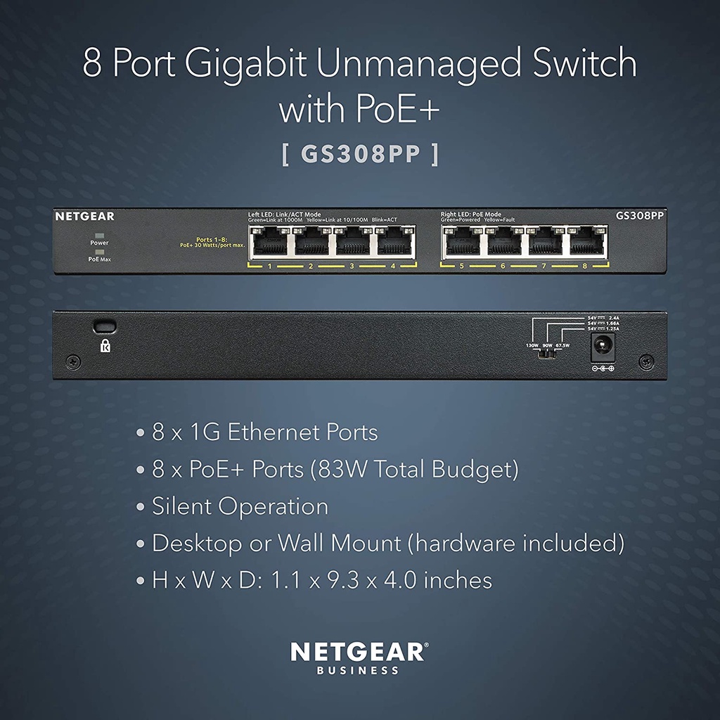 Netgear GS308PP 8 Port Gigabit Ethernet SOHO PoE+ Unmanaged Switch