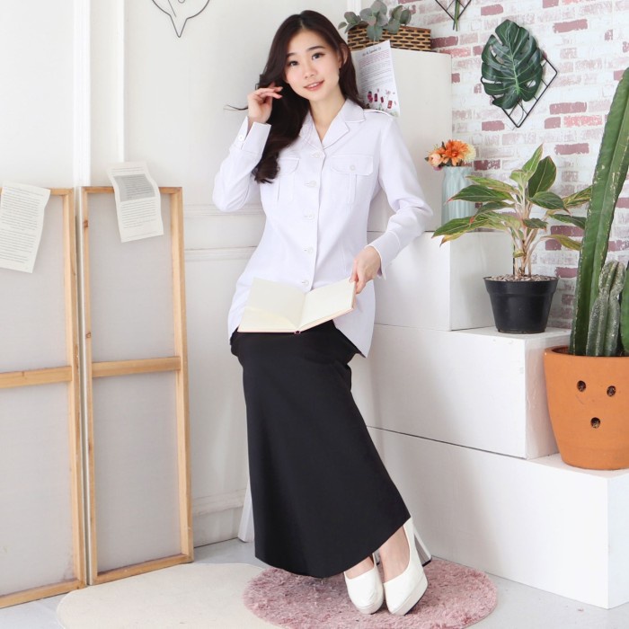 Terlaris B&V Blazer Pns Asn Baju Dinas Setelan Jas Pdh Wanita -7005 Putih Hitam