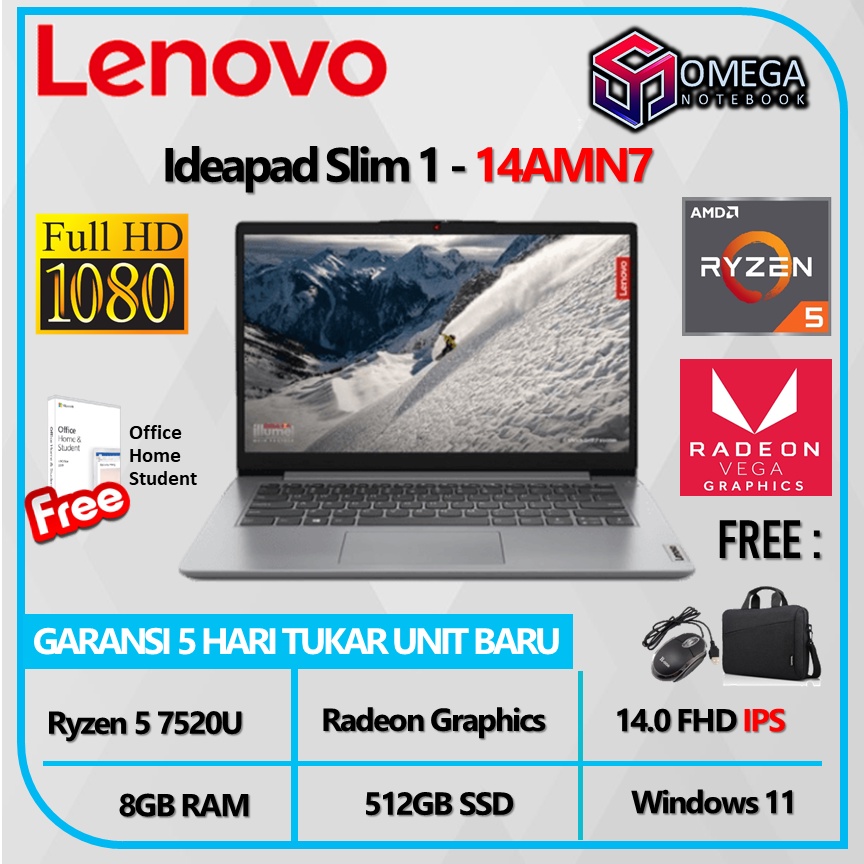 LENOVO ideapad Slim 1 14AMN7 Ryzen 5 7520U 8GB 512SSD RADEON 610M W11+OHS 14.0 FHD IPS