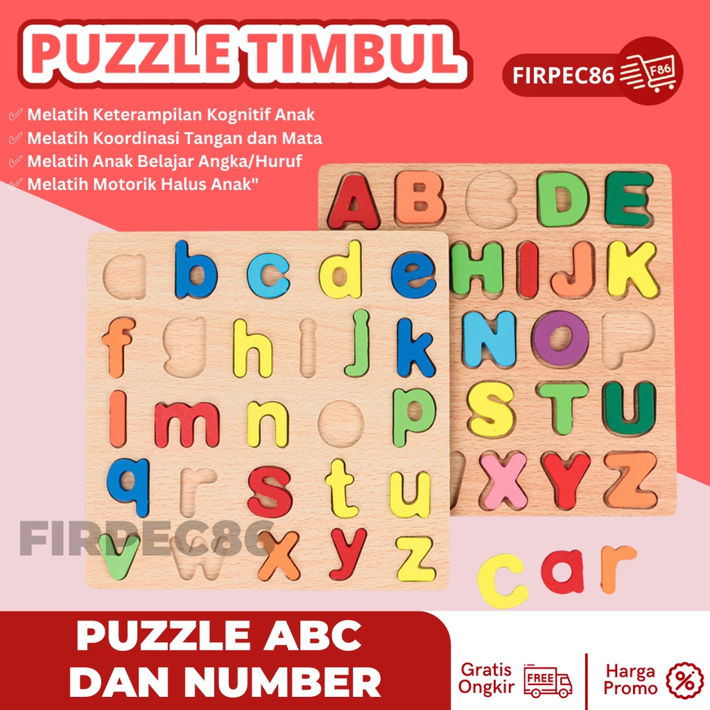 Puzzle ABC And Number Murah Chunky Puzzle Anak / Puzzle Kayu Jigsaw 3D /  Mainan Edukasi Anak Kayu Puzzle Timbul