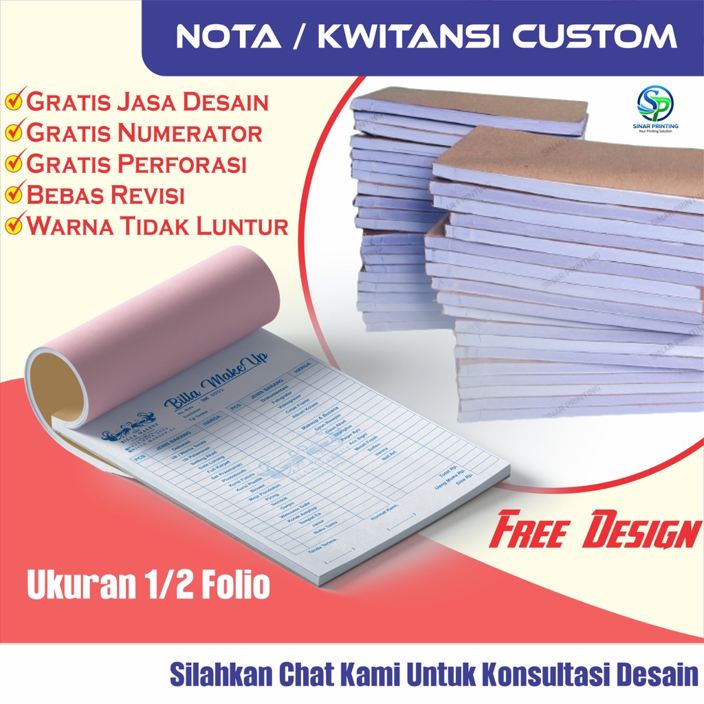 

Cetak Nota Custom ukuran 1/2 folio kwitansi rental kwitansi wedding 1 Rangkap 2 rangkap