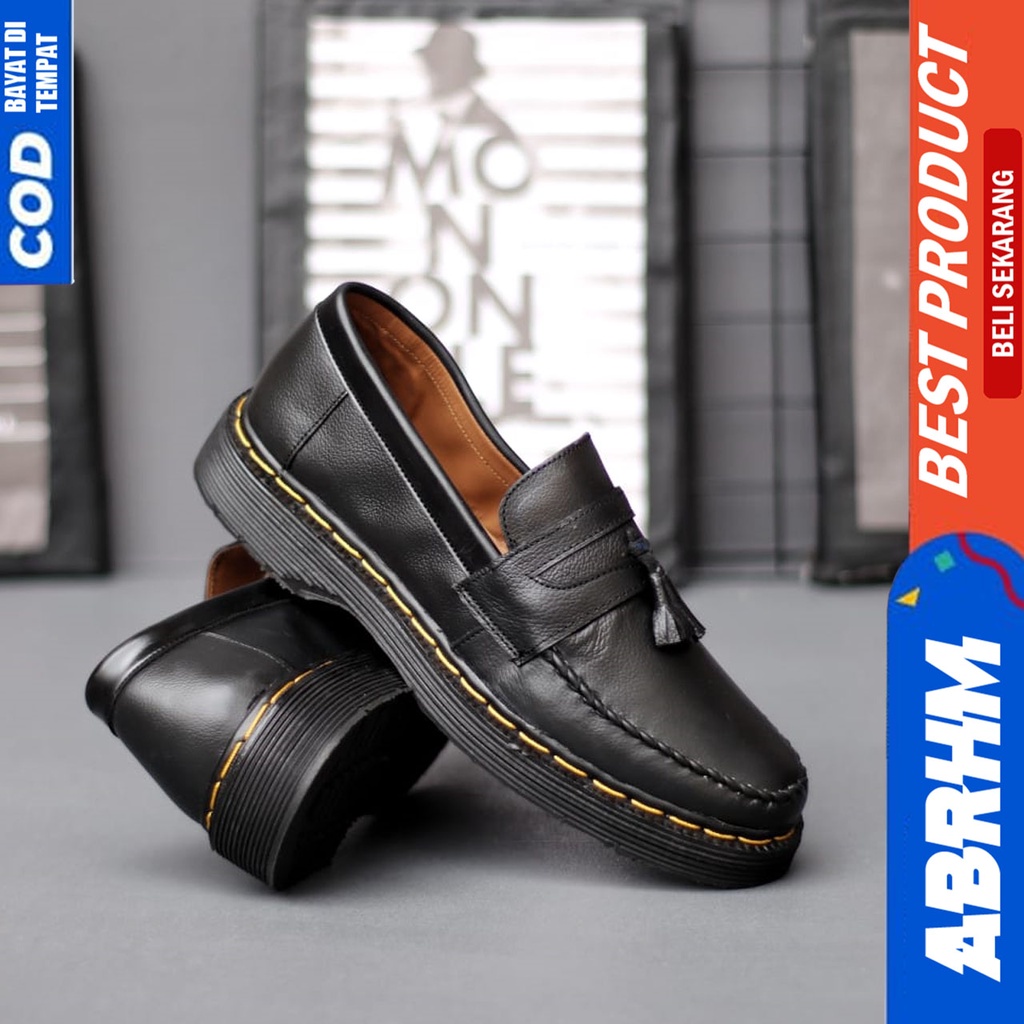 Sepatu Pantofel Formal Docmart Pria Casual Kulit Asli Hitam Aabrhm Kurasaki