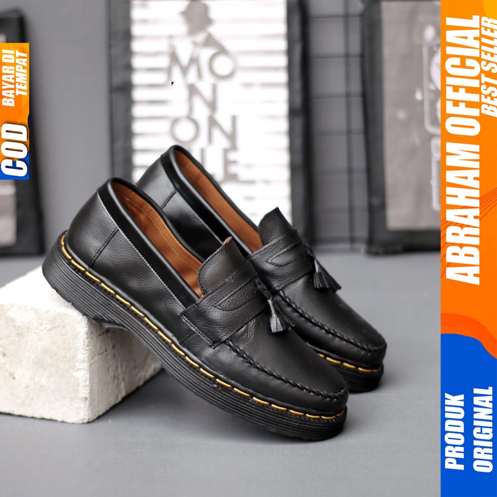 Sepatu Loafers Pantofel Formal Pria Docmart Casual Kulit Asli Hitam Kerja Pria Abraham Mosiki Slop