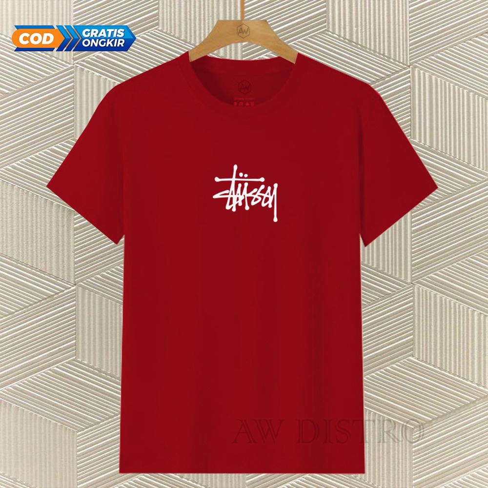 COD Baju Kaos Distro Stussy Text Putih Premium Quality Lengan Pendek