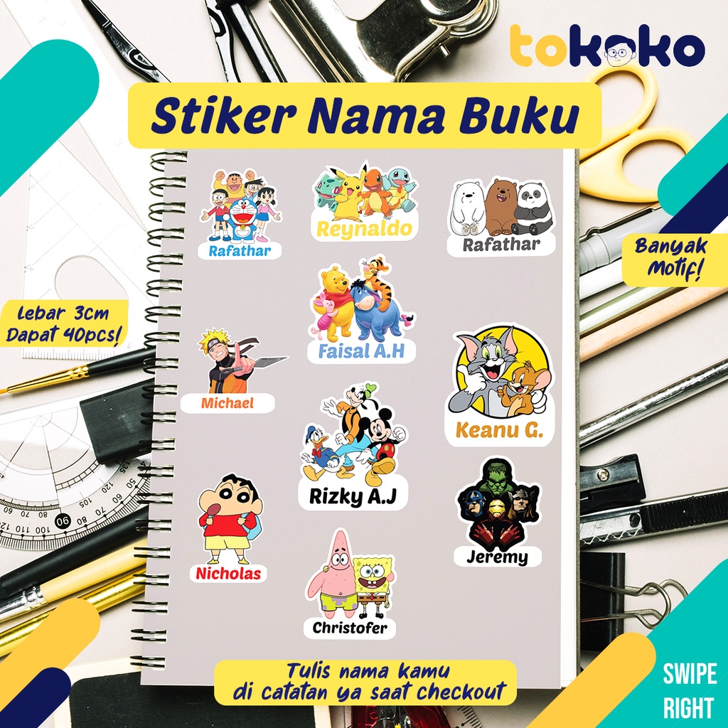 

Stiker Buku Anak Nama Custom Ukuran 3cm isi 40 pcs Waterproof Tahan Air Stiker Cromo Karakter Kartun Lucu