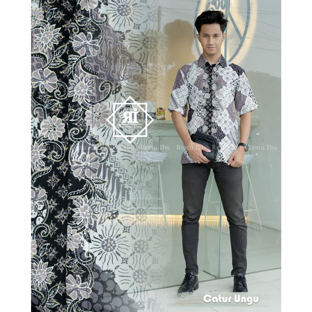 Kemeja Batik Pria Lengan Pendek Bahan Katun Premium Motif Mumu Lilac Kekinian