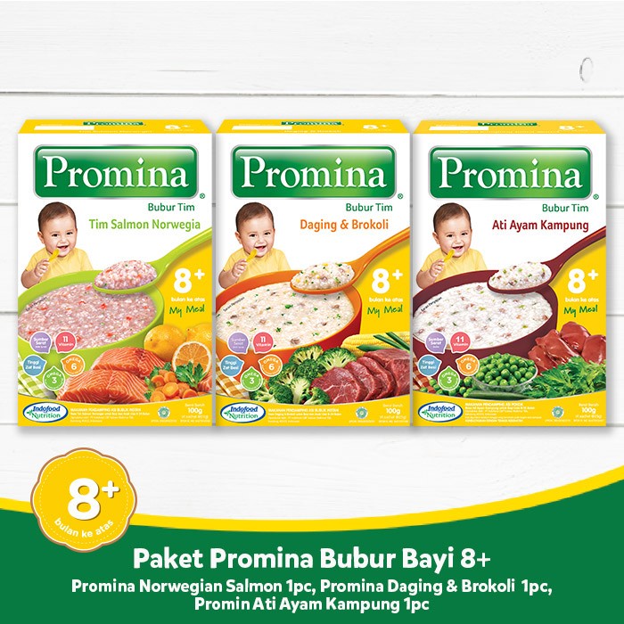 Promina Bubur Bayi 8+ 100gr / MPASI BAYI / Promina Bubur TIM / DAGING BROKOLI / ATI AYAM KAMPUNG/ AYAM TOMAT WORTEL / SALMON NORWEGIA