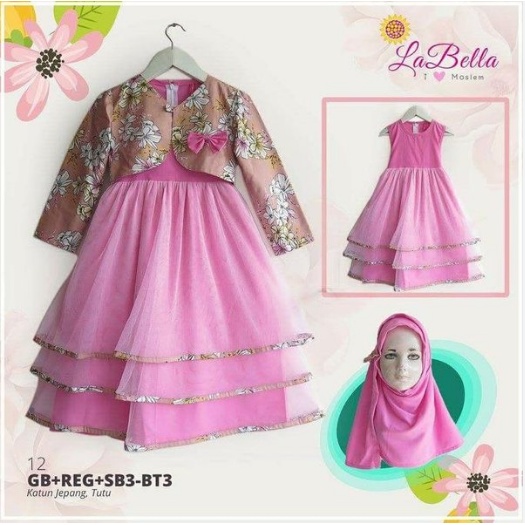 Gamis labella katun jepang rampel tutu, gamis branded diskon