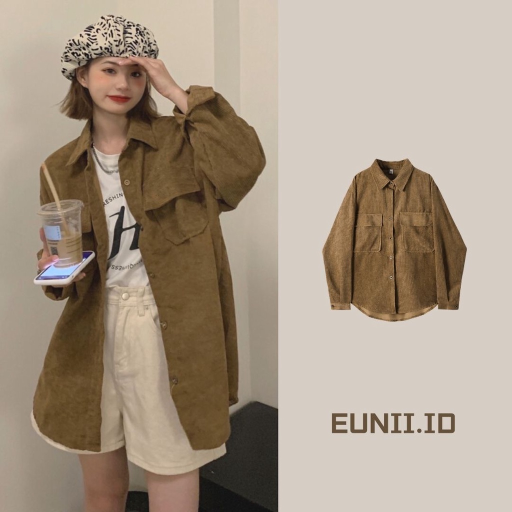 EUNII Corduroy Blouse Oversize Kemeja Terbaru Lengan Panjang Import Wanita Atasan Wanita