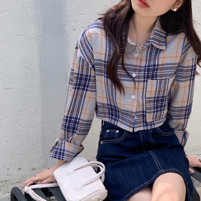 EUNII Korean Style Kemeja Lengan Panjang Blouse Crop Import Wanita Kotak-kotak Casual Shirt