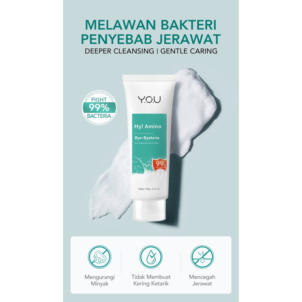 YOU Hy! Amino Bye-Byeteria Anti Bacterial Facial Wash Indonesia / Pembersih Wajah 100g / 99% Anti Bacteria Bakteri / Skincare Face Cleanser Cleansing Sabun / Brightening Anti Acne Hydrating Oil Control / Toner Serum Cream Mask Sunscreen Y.O.U Series Paket