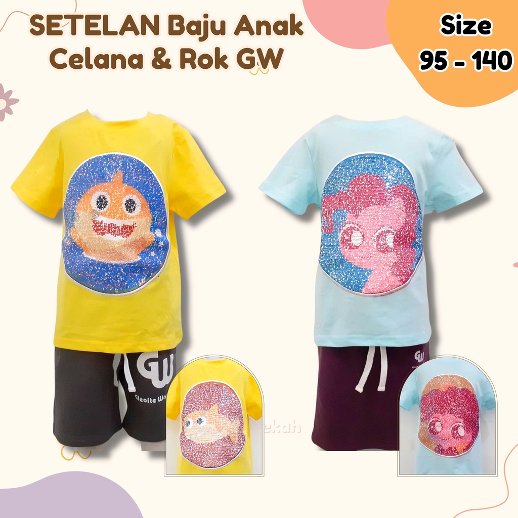 SETELAN PENDEK Baju Anak Celana dan Rok GW Size 95 - 140 motif bisa berubah baju celana rok baju cewek kids