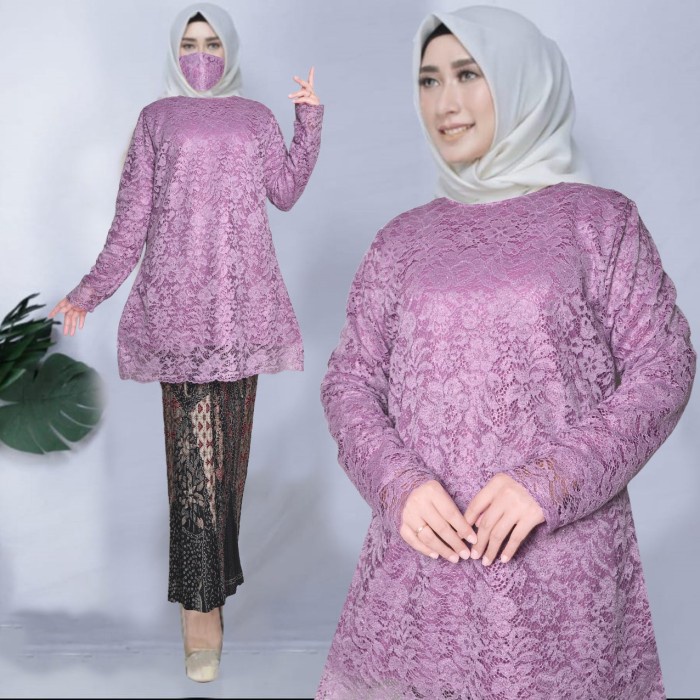 baju kebaya modern setelan wisuda tunik kebaya brukat import rok batik - Lilac