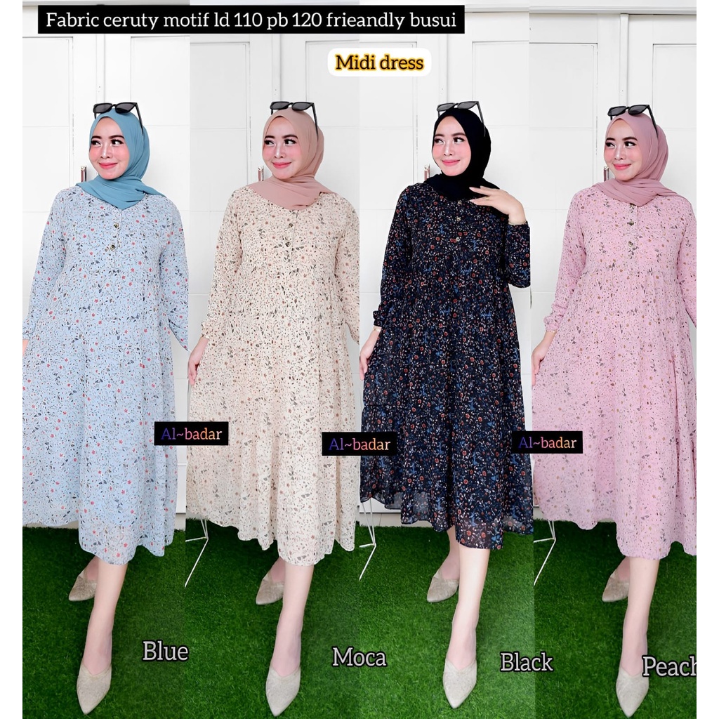 [ BISA COD ] MIDI DRESS MOTIF BUNGA MIX KERAH KOREA FRIEANDLY BUSUI, MIDIDRESS CERUTY BABYDOLL MOTIF