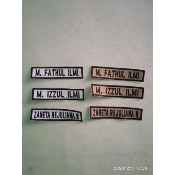 NAMA. BORDIR NAMA SISWI. BORDIR PESANTREN. PAPAN NAMA BORDIR. NAMA DADA. TAGNAME. EMBLEM NAMA.