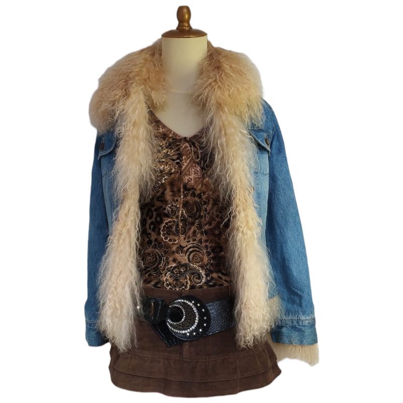 VINTAGE Y2K DEADSTOCK FUR DENIM JACKET, VINTAGE 90S Y2K LEOPARD PAISLEY PRINT FLARE SLEEVE BODY FITT