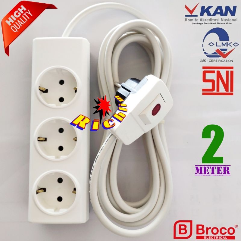 Stop Kontak Broco 3 Lubang+Steker Lampu Broco+Kabel Eterna 2x0,75 Serabut 2 meter