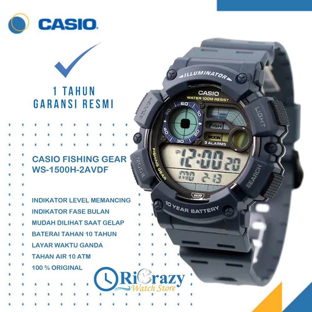 [ PROMO ] Jam Tangan Pria Casio WS-1500H-2A  Digital Fishing Gear Original Garansi Resmi 1 Tahun