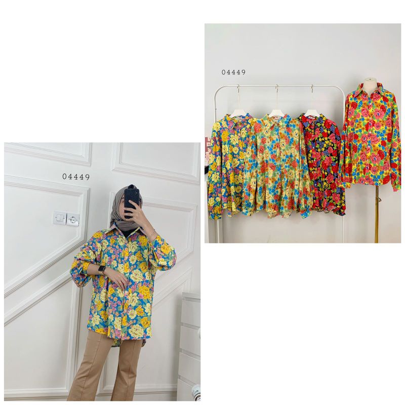 04449 Kemeja Bunga Bunga Oversize Wanita / Kemeja Kekinian Motif Bunga / Kemeja Oversize