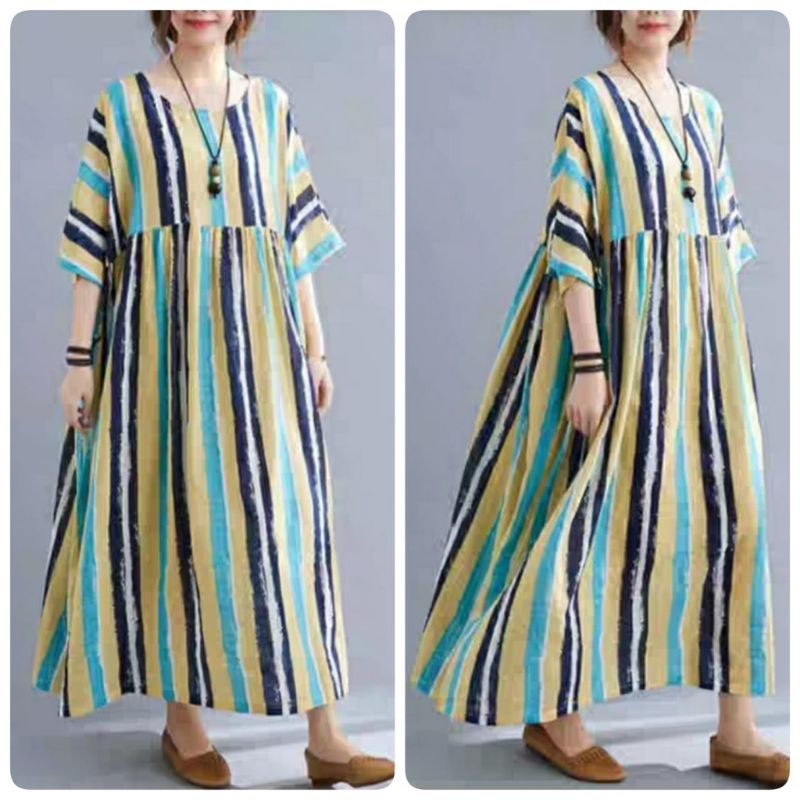 79005 Baju maxidress longdress LOOSE STRIPED SALUR daster Korea Korean style wanita import baju Maxi