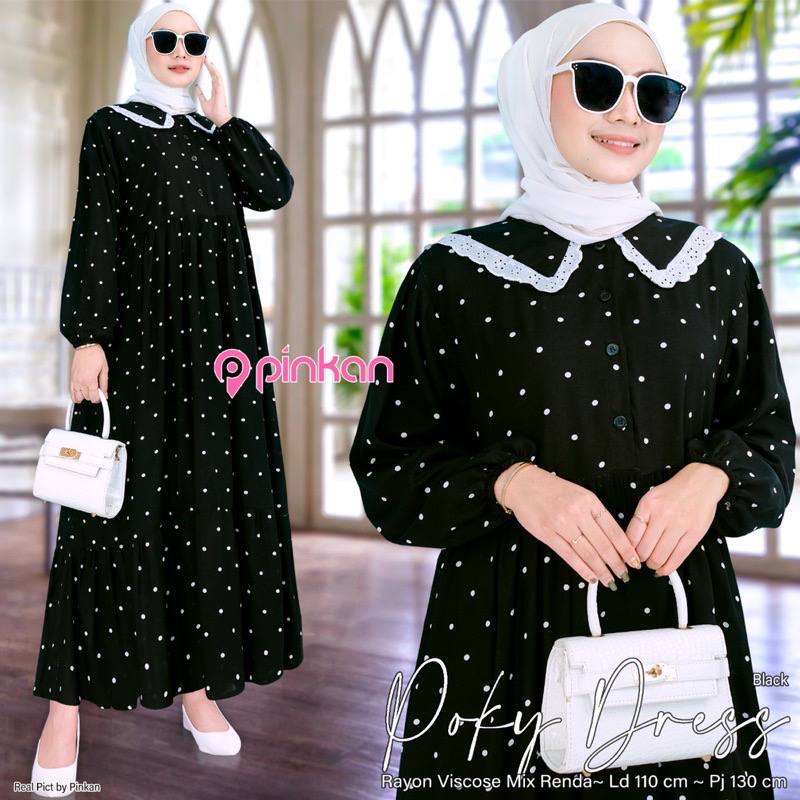 Tren Baju Muslim Poky Midi Dress Jumbo Ld 120 Terbaru Dan Kekinian Gamis Rayon Motif Polkadot Fashio