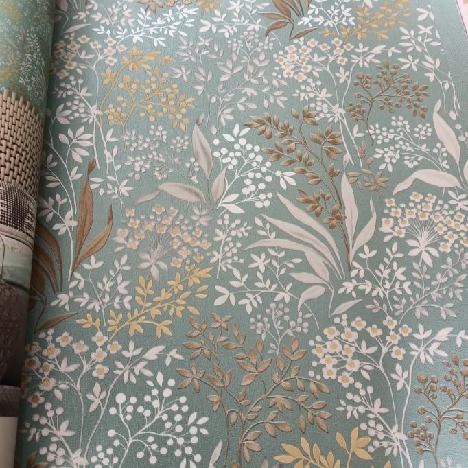 wallpaper Korea motif bunga vintage hijau cream