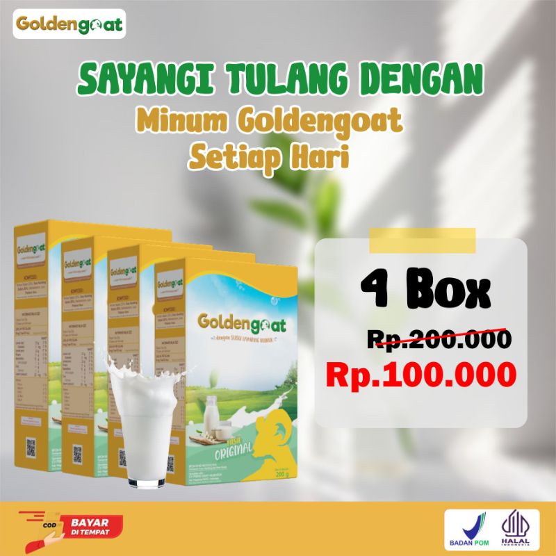 

Susu Etawa "GOLDENGOAT" hadir untuk membantu anda atasi masalah kesehatan. lebih hemat dengan pembelian 4 box