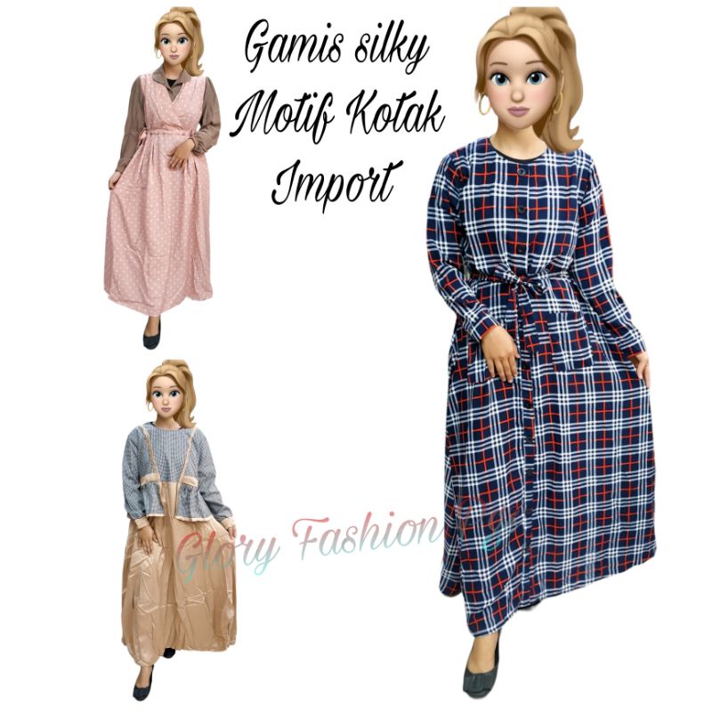 GAMIS REMAJA WANITA PANJANG MOTIF KOTAK POLKA KANCING DEPAN BUSUI IMPORT