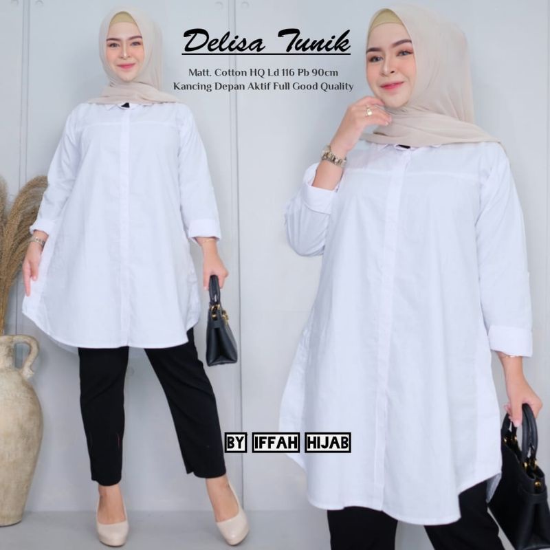 Tunik wanita putih Delisa Tunik blouse putih muslimah modern Baju atasan putih wanita elegan