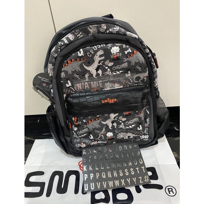 Smiggle Backpack Junior Dino Grey Custome Name Tas Anak Original Asli