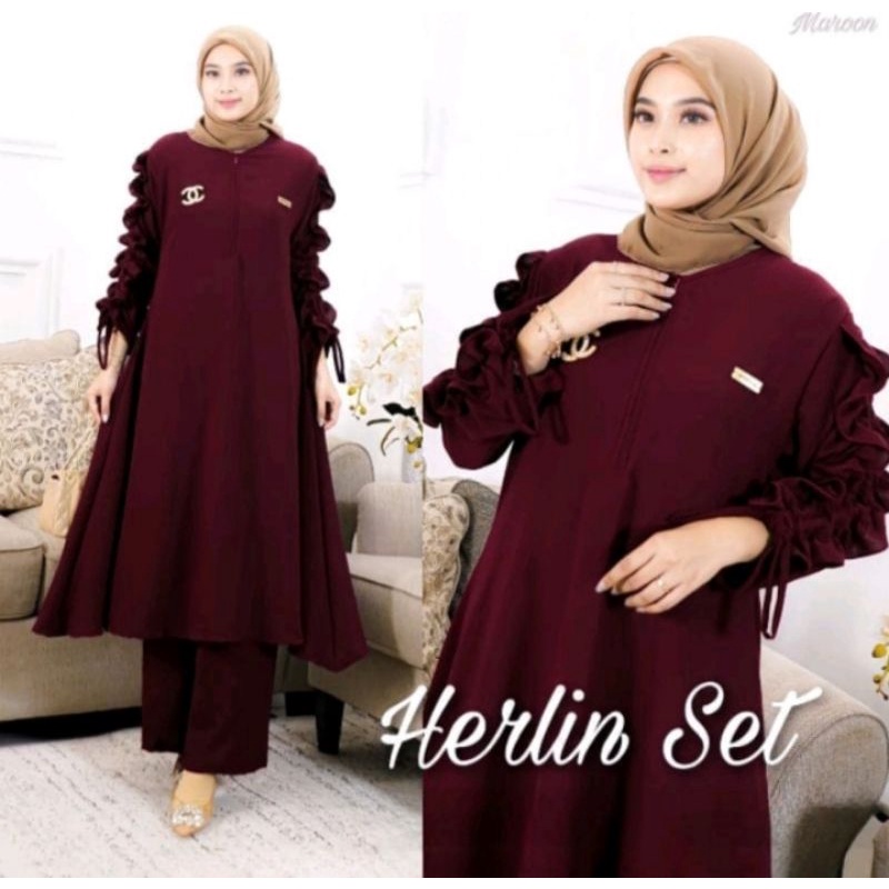 one set long tunik crinkle wanita kekinian