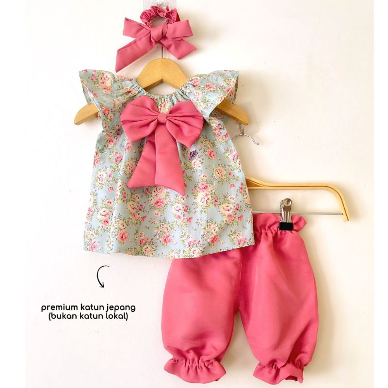 LODY  SET  baju setelan bayi perempuan bandana baju celana katun set usia 0 1 2 3 sampai 12 bulan baby