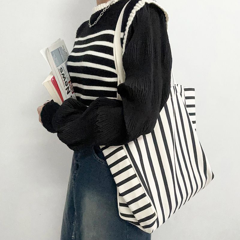 Sera high-value ins lazy wind striped large-capacity canvas bag simple student office worker mother out shopping bag