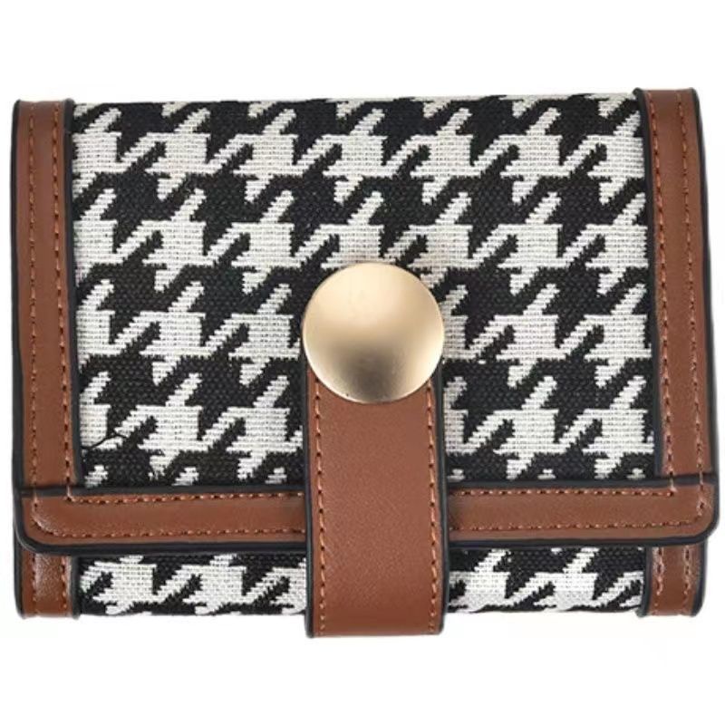 Sera Net Merah Houndstooth Dompet Wanita Serbaguna Korea Koin Lipat Tiga Klip Multi-Slot Kartu Lucu pemegang Kartu Kopling Panjang