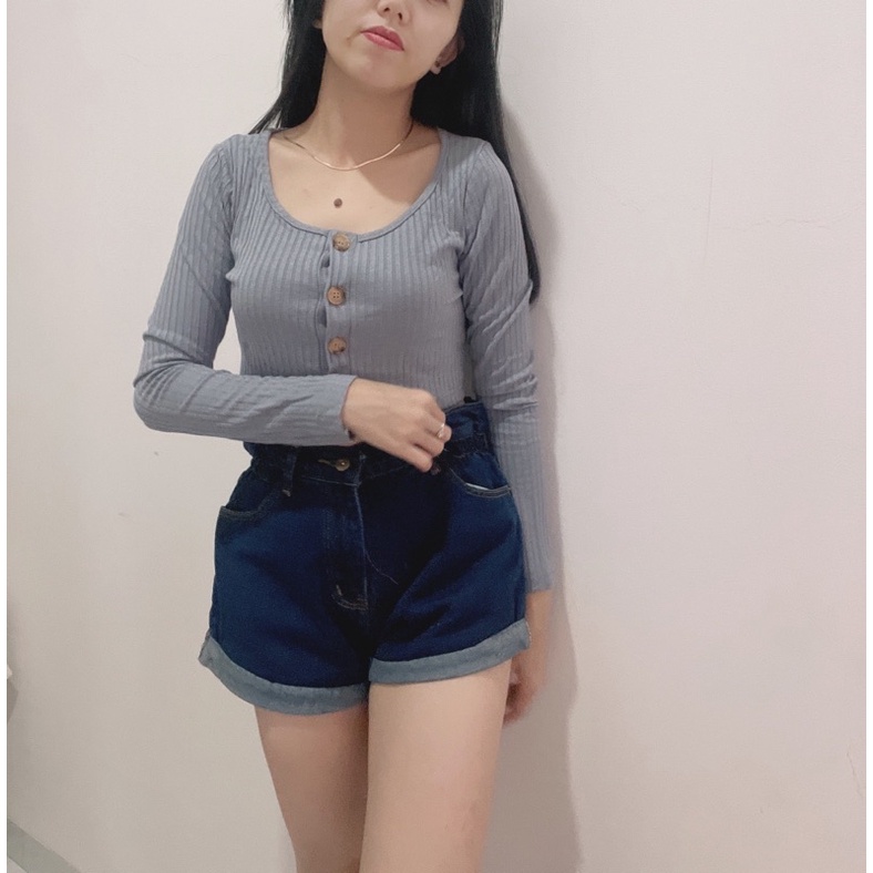 Croptop modelano kancing lengan panjang rib | Croptop rib button long slevee | korean fashion wanita | aquarius.boutique89