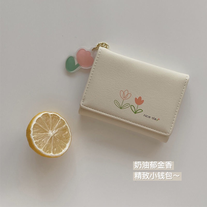 Sera Simple Retro Style Women s Short Section Small and Exquisite Tulip Small Wallet Multi-Card Mini College Student Wallet Bag