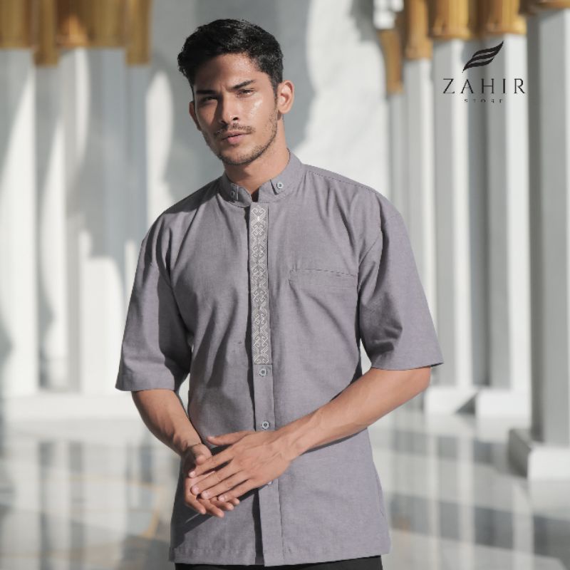 Zahir - Baju Muslim baju Koko Lengan Pendek Pria Dewasa - Abu Grey