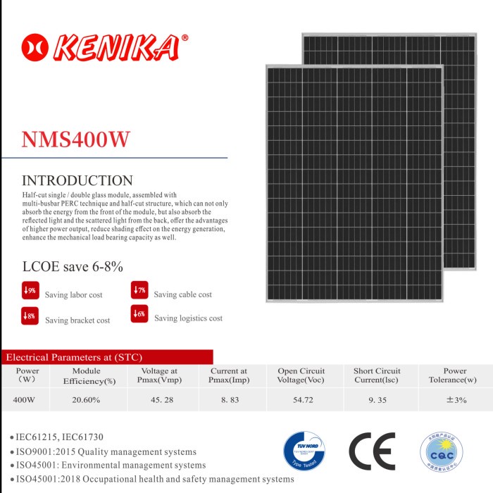 Terlaris Kenika 400Wp/45V Mono Solar Panel Surya [Nms-400W] Monocrystalline