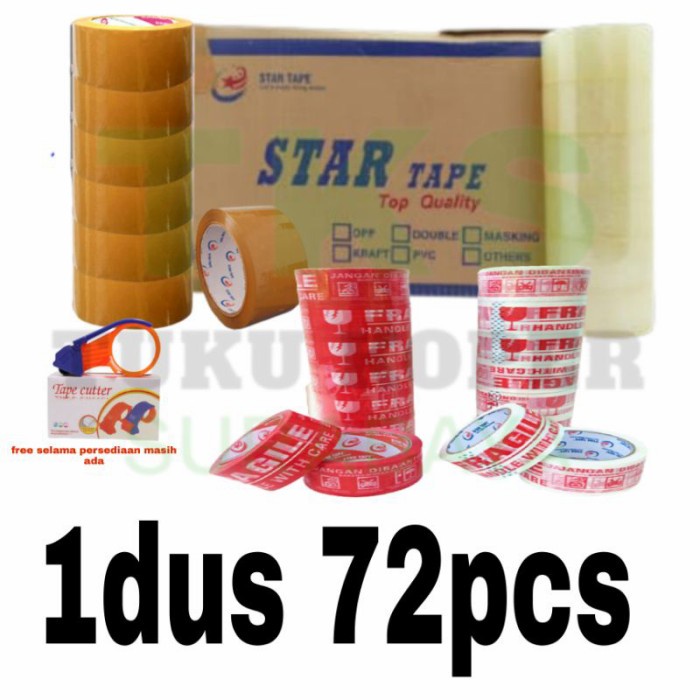 

SALE Lakban KARDUS StarTape bening coklat 2in x 100yrd/fragile merah putih
