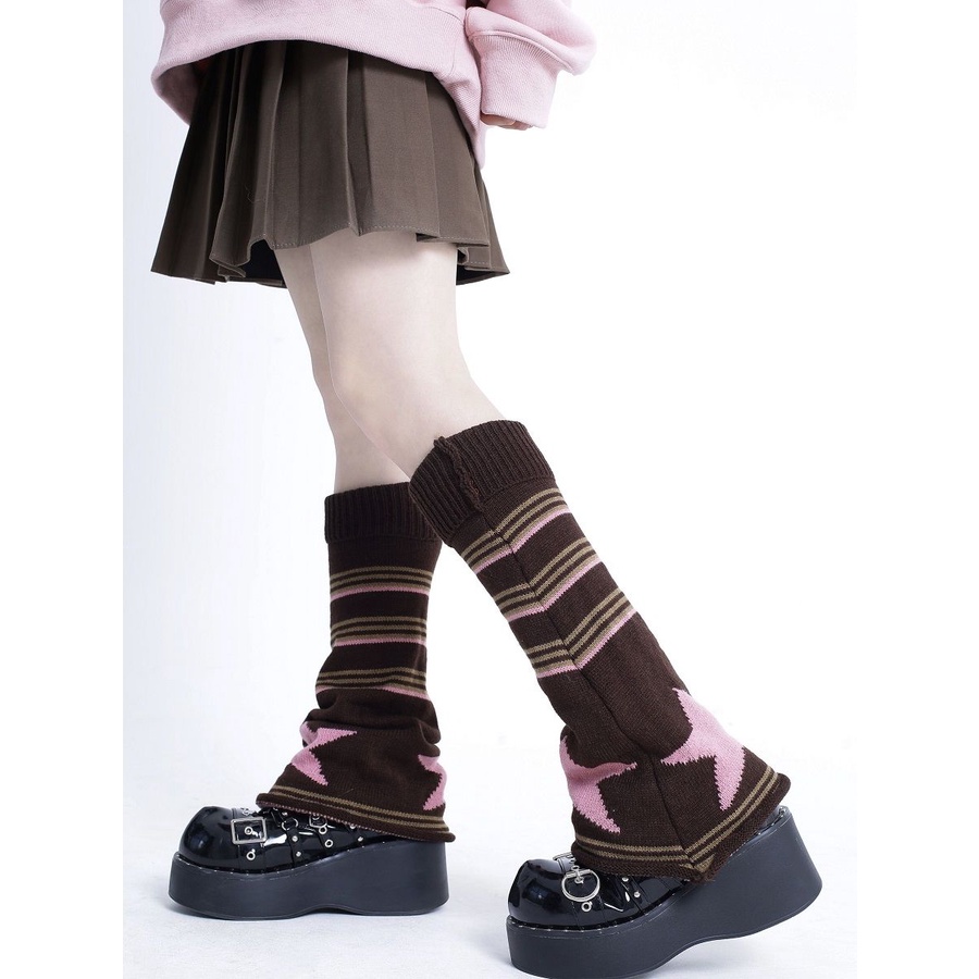 Kaus kaki rajutan penutup kaus kaki bergaris jk Jepang kaus kaki bergaris-garis betis wanita penutup