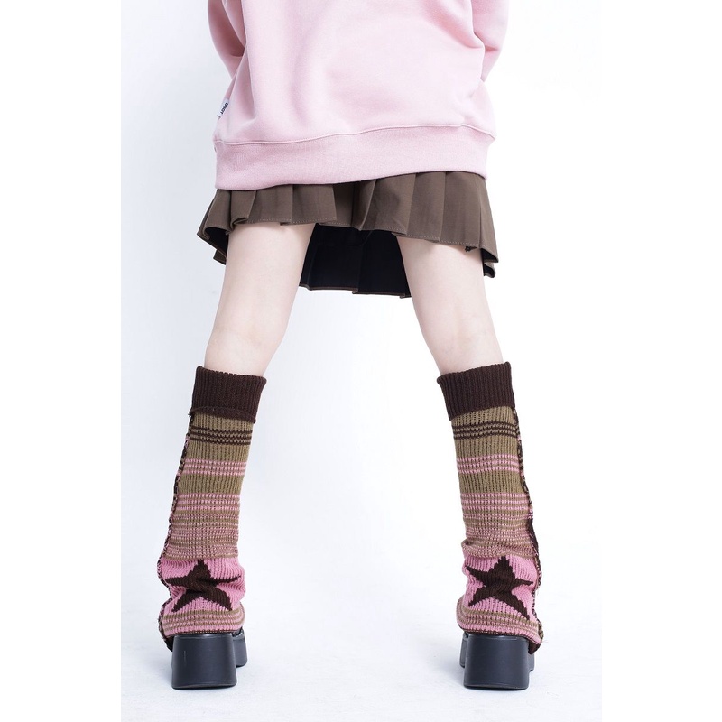 Kaus kaki rajutan penutup kaus kaki bergaris jk Jepang kaus kaki bergaris-garis betis wanita penutup