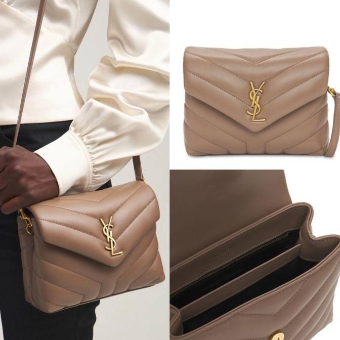 YSL Saint Laurent Toy Loulou Lou Quilted Leather Crossbody Taupe GHW