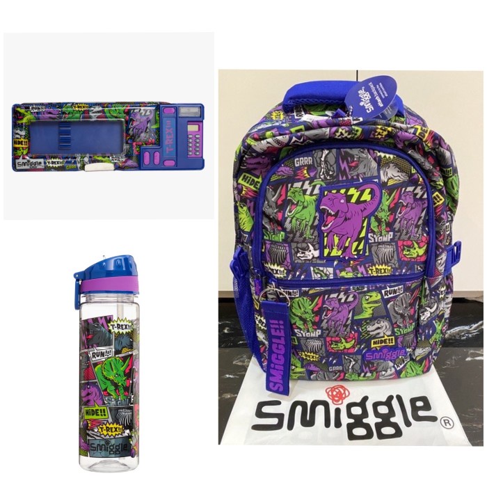 Terlaris Smiggle Paket Set Backpack + Bottle + Case Kit Tas Botol Dino Original