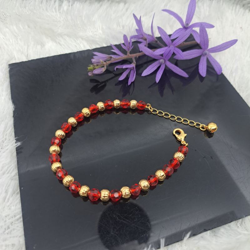 Gelang Kristal Merah bulat Yaxiya lapis emas anti karat